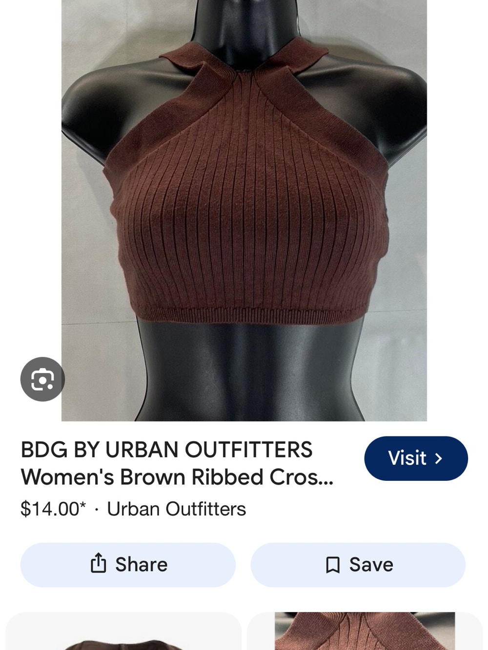 BDG Brown Ribbed Cross-Halter Crop Top - Picture 2 of 5